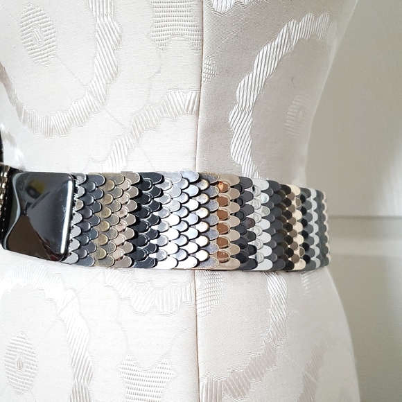 BCBG Maxazria metallic stretch waist belt S gold bronze silver metal scales - Picture 3 of 16